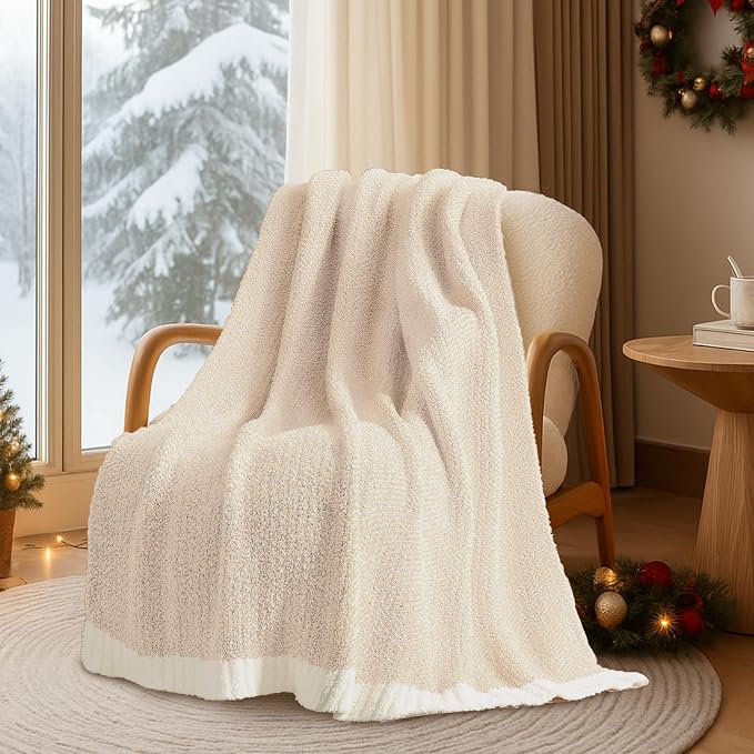 Snuggle Sac Buttery Ivory Throw Blanket for Couch, Reversible Super Soft Knitted Blankets, Warm Cozy Knit Fuzzy Plush Lightweight Throws Dupes for Sofa, Bed, Picnic, Ivory, 50 x 60 inches (Pack of 2)