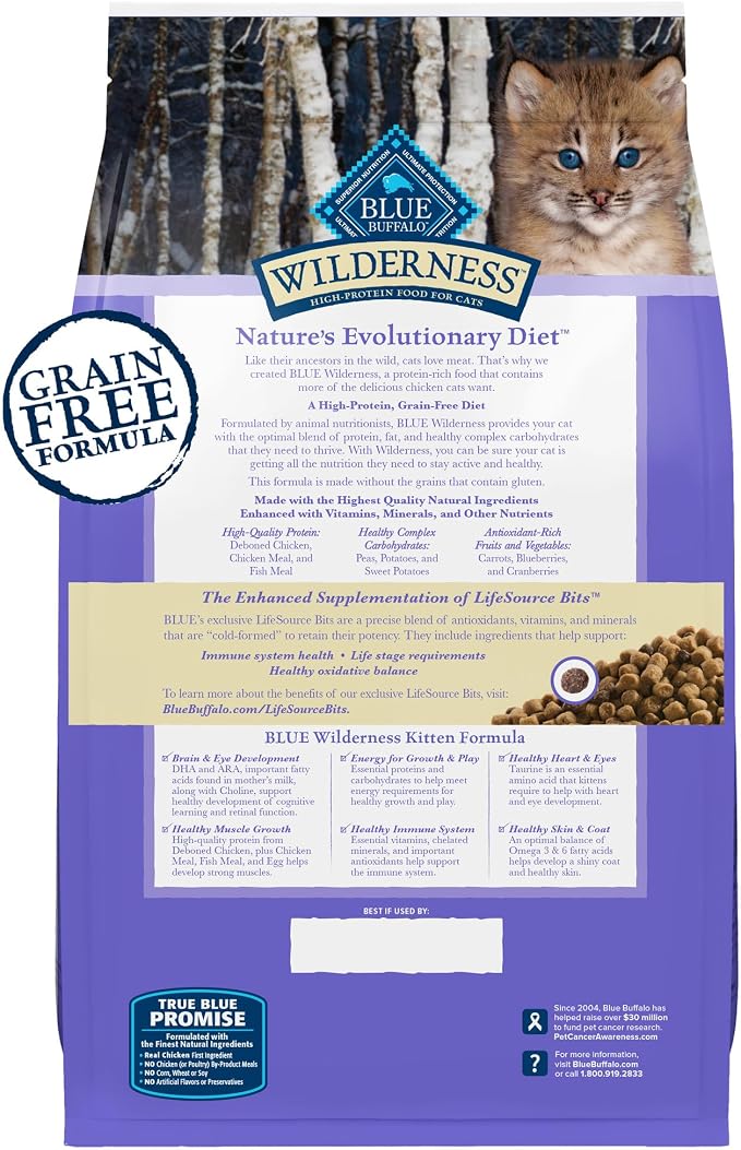 Blue Buffalo Wilderness Chicken Kitten Dry Cat Food, Grain-Free, 2 lb | High Protein, Real Chicken #1 Ingredient, DHA & ARA for Brain and Eye Development, Antioxidant-Rich LifeSource Bits