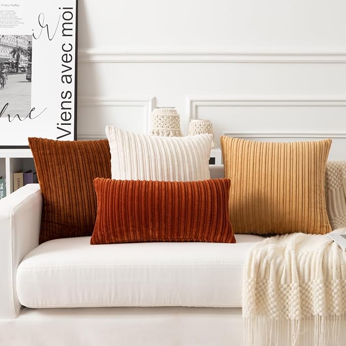 UGASA Fall 12x24 Inch Pillow Cover Pack of 1 Soft Boho Stripe Corduroy Long Rectangle Lumbar Cushion Case Farmhouse Decorative Throw Pilowcase for Bed, Couch, Sofa, Bedroom, Living Room, Burnt Orange