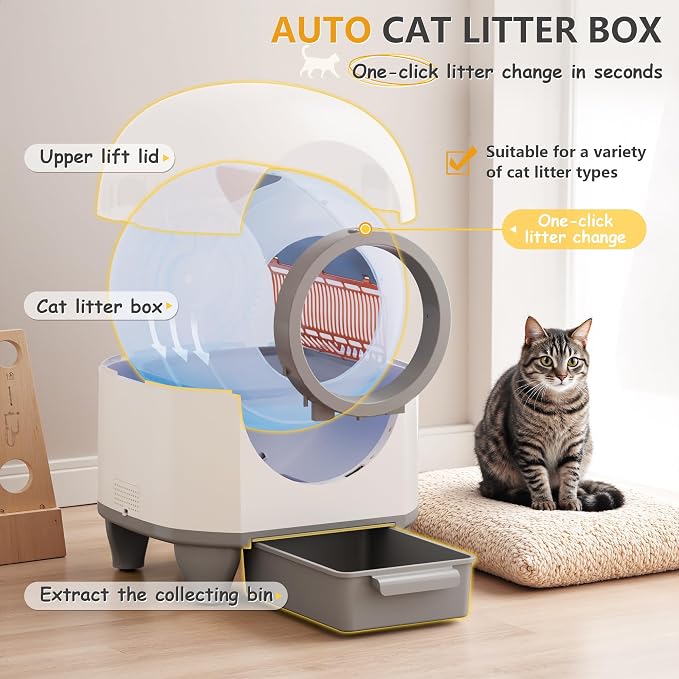 WARCAT Self-Cleaning Litter Box – 90L, APP, Sensors, Gray | 90L large capacity for multiple cats. APP-controlled with smart sensors. Safety protection. Includes mat & 1 garbage bag.