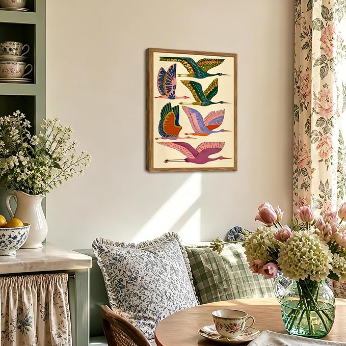 Framed Colorful Bird Wall Art, Vintage Flying Heron Pictures Wall Decor, Mid Century Modern Animal Paintings Canvas Prints Abstract Home Decor Aesthetic Artwork for Living Room Bedroom 12x16 inch