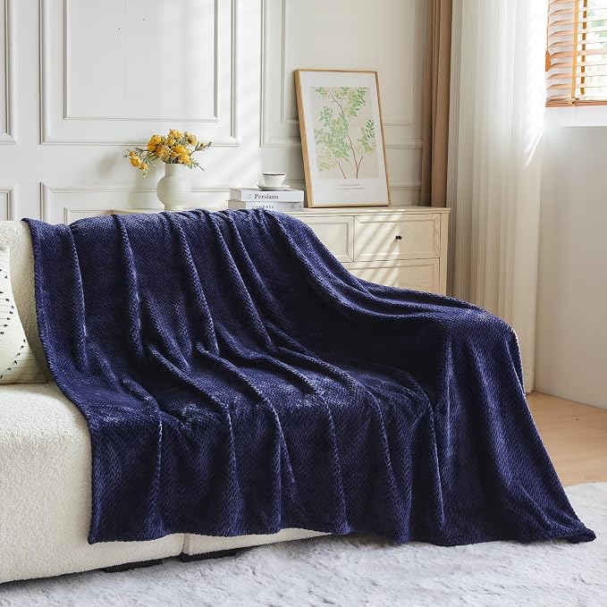 NEWCOSPLAY Fleece Leaves Pattern Queen Blanket, Dark Navy, 90"x90" | Super Soft Throw Blanket, Lightweight Cozy Bed Sofa Blanket, Premium Silky Flannel Fleece, Travel Blanket for All Season Use