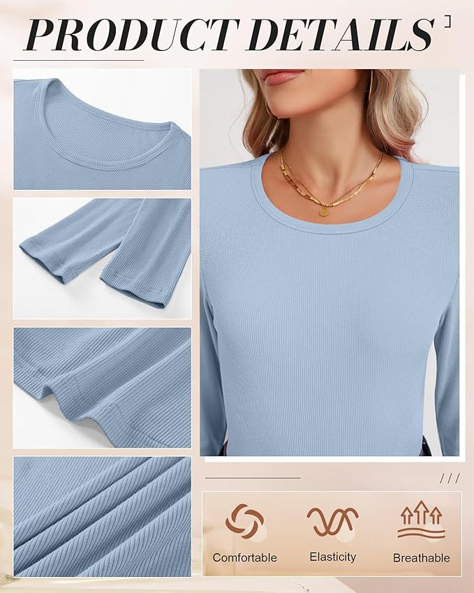 Ficerd 3 Pack Women's Ribbed Long Sleeve Tops, Crew Neck Slim Fit Undershirts Knit Basic Casual Stretch Layering Tee Shirts