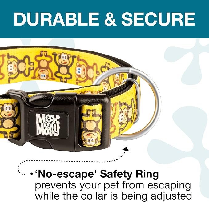 Max & Molly Urban Pets Smart ID Dog Collar with Gotcha! QR Pet Safety Tag and Custom Pet Profile, Soft Padded Neoprene, Waterproof, Machine Washable, Monkey Maniac, L (15-25")