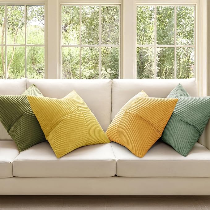 MIULEE Boho Farmhouse Spring Decorative Throw Pillow Covers 20x20 Inch 4 Packs Soft Vintage Pillow Cases Modern Corduroy Patchwork Cushion Covers for Couch Sofa Bed Summer Home Decor, Yellow Green