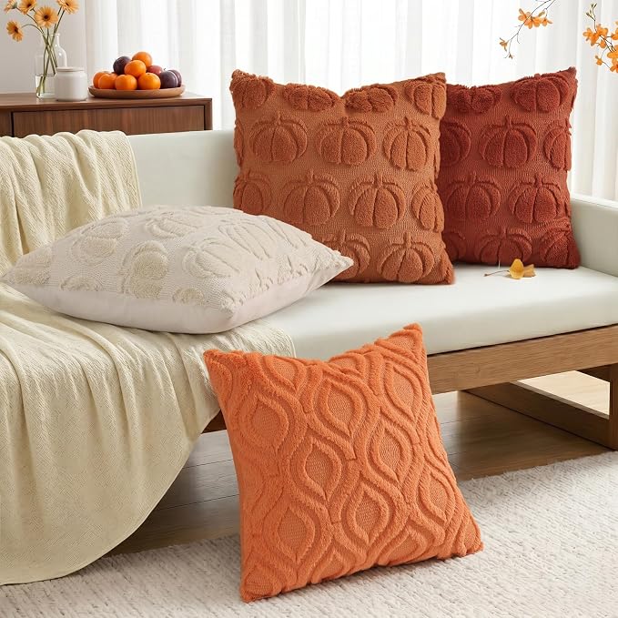 decorUhome Faux Fur Plush Soft Orange Throw Pillow Covers 16x16 Set of 2 | Plush Solid Fall Couch Pillow Covers, Accent Modern Farmhouse Neutral Decorative Square Pillow Cases for Sofa Bed Living Room