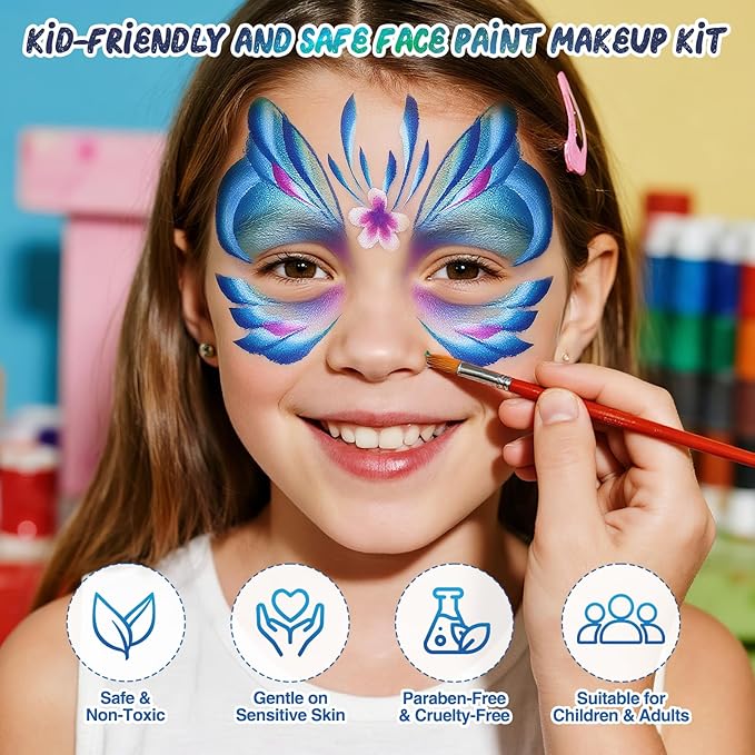Professional Face Painting Kit for Kids – 42 Color Water-Activated Face Paint Makeup Palette with Stencils, Gems & Brushes – Non-Toxic Body Paint for Parties, Festivals, School Events & Carnival