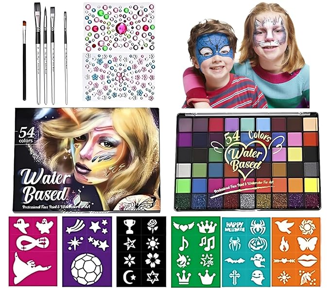 Color Face Painting Kit,Non-Toxic Water,Washable Paint for Kids For Halloween,Carnival,Party,Costume Makeup for Creative Activities (54 Colors)
