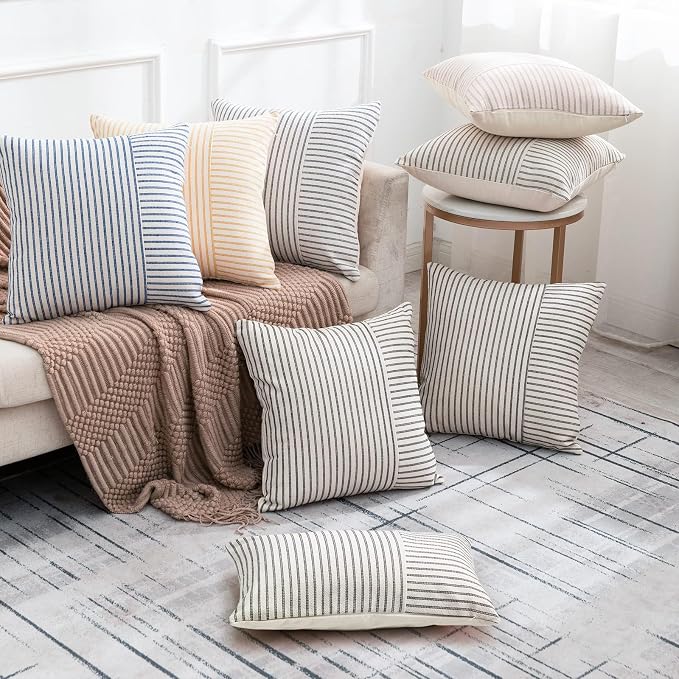 YCOLL Farmhouse Pillow Covers 12x20, Modern Accent Lumbar Throw Pillow Covers Set of 2, Grey and Beige Striped Patchwork Linen Decorative Pillows Cushion Covers for Couch Chair Bedroom Home Decor