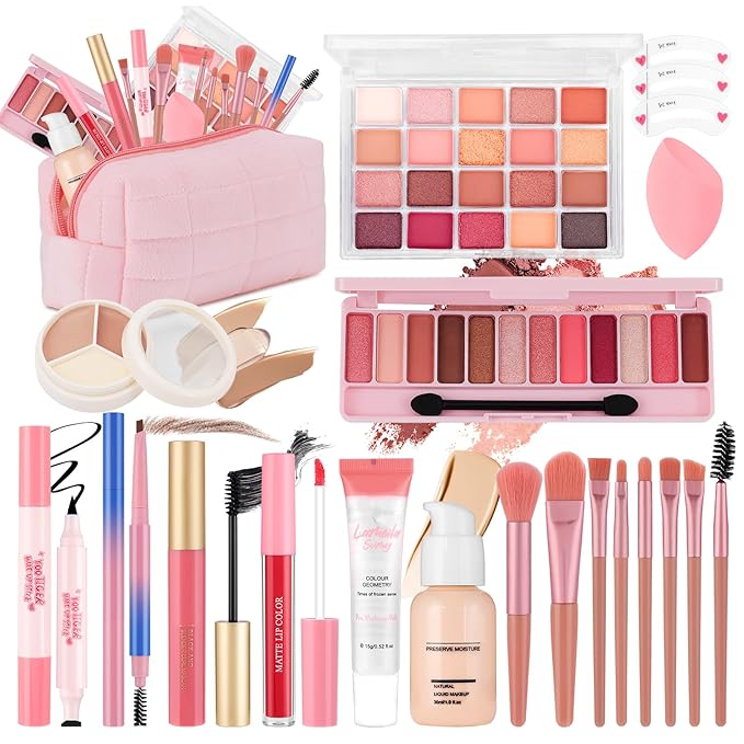 All In One Makeup Kit for Teen Girls Beginners with Foundation,Eyeshadow, Lipstick, Eyeliner, Mascara, Brushes, Bag, Travel Friendly MakeUp Gift Set, Birthday Gifts for Teen Girls, Graduation Gifts