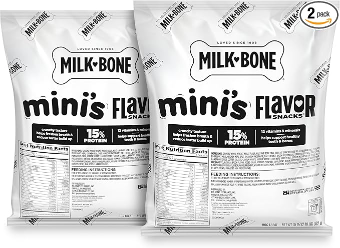 Milk-Bone Flavor Snacks Mini’s Dog Treats, 2 (35-Oz.) Refill Packs | 5 calories per treat, 15% protein, 3 tail-wagging flavors per bag (beef, chicken & bacon, naturally & artificially flavored)