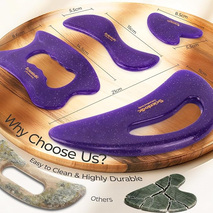 Scienlodic 4 Pcs Gua Sha Massage Tools for Face & Body (Purple, Resin) - Guasha Scraping Tool for Jawline Contouring, Puffiness Reduction, Neck, Back, Legs & Muscle Relaxation