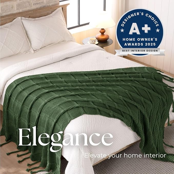Boho Knitted Chenille Blanket with Tassels - Lightweight & Soft All-Season Throw - 3D Classic Pattern for Living Room Bedroom Couch, Imperial Green, King 90"x108"