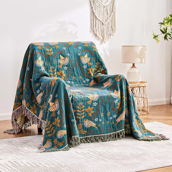 XIBLC Boho Throw Blanket, 100% Cotton Ultra Soft Luxury Throw Rustic Quilt, 80"x90" Floral Printed Farmhouse Decor Bed Summer Blankets, All Season Rustic Reversible Bohemian Throw for Bed - Blue