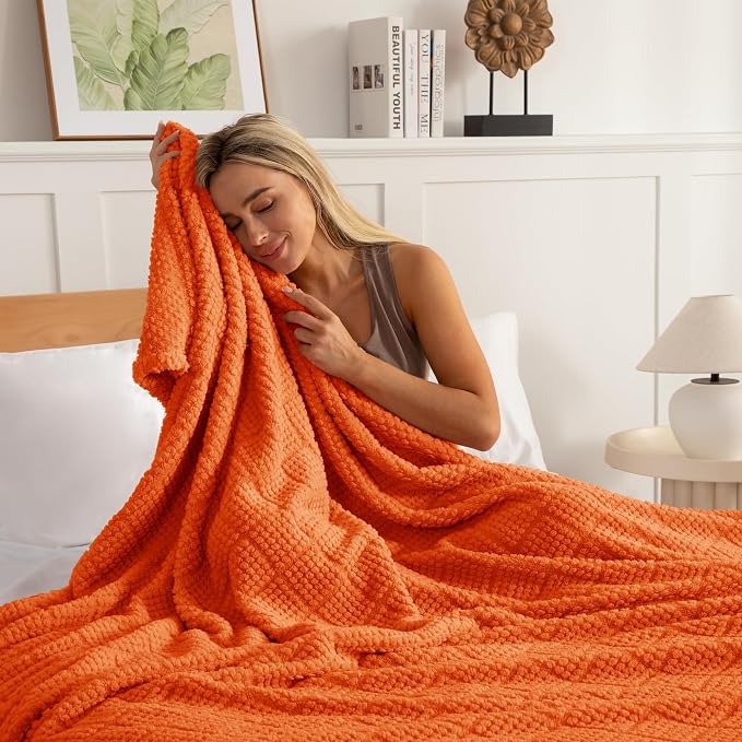 Whale Flotilla Soft Fleece King Size Blanket for Bed, Burnt Orange | Jacquard Waffle Blankets for Home Decor, Lightweight and Cozy, All Season Suitable, 90x104 Inch