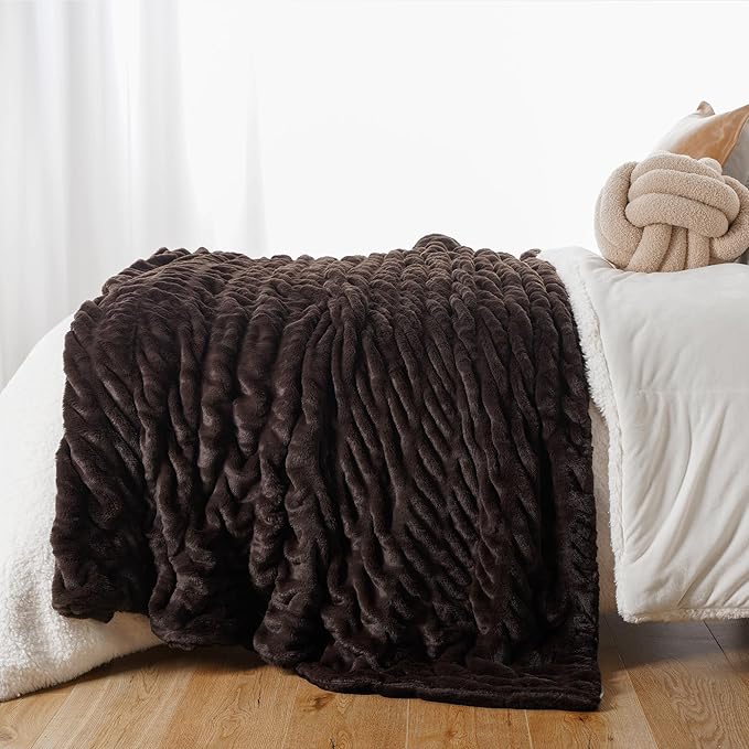 BATTILO Dark Brown Faux Fur Throw Blanket for Bed, Double Side, 60"x80" | Brown Throw Blanket Soft Cozy Warm Minky Blanket, Double Side Reversible Ruched Rabbit Fur Blanket for Living Room