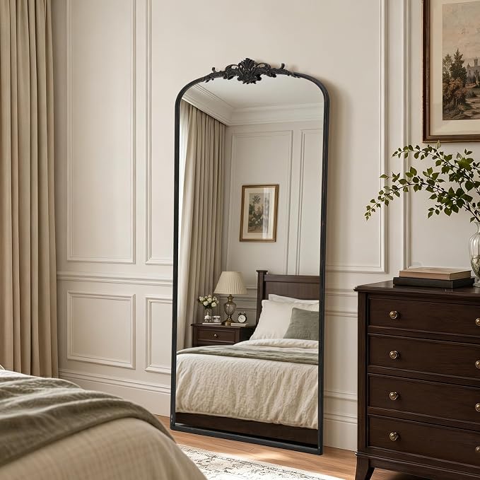 Besdomus Antique Mirror Full Length: 26"x63" Black Long Arched Body Mirrors | French Floor Standing Metal Framed - Vintage Baroque Traditional Ornate - Ideal for Foyer/Cloakroom/Bedroom/Dressing Room