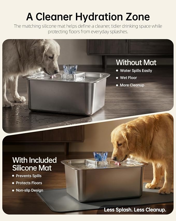 10L (2.64 Gallon) Dog Water Fountain with Silicone Mat, Stainless Steel Pet Water Dispenser with 6 Filters, Quiet Automatic Water Bowl for Large Dogs and Multi-Pet Homes, Easy to Clean