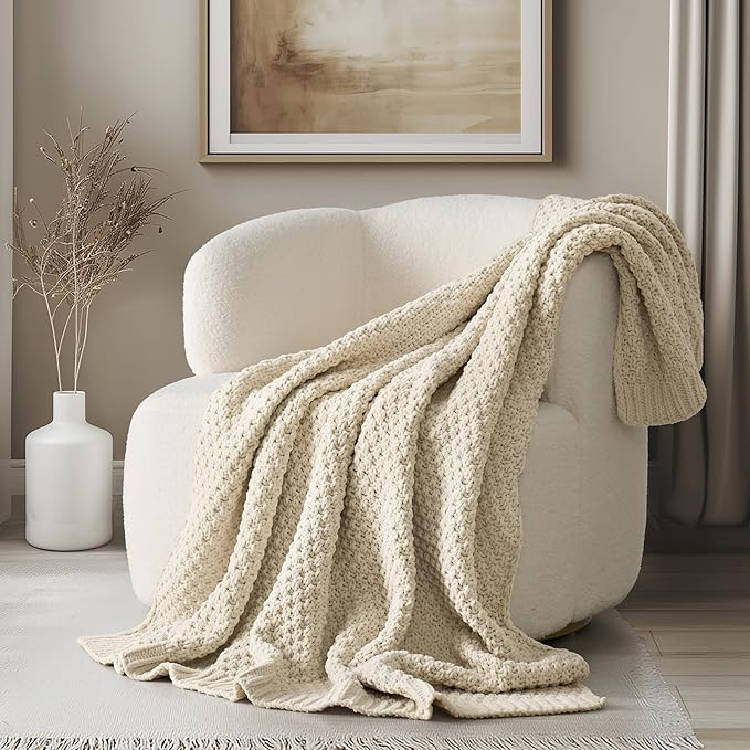 EVERGRACEHOME Chunky Chenille Knit Throw Blanket, 50 x 60, Beige | Sculpted Moss Stitch, Chic Modern Farmhouse, All-Season Warmth, OEKO-TEX® Certified, Elegant Blanket for Couch, Bed, Sofa