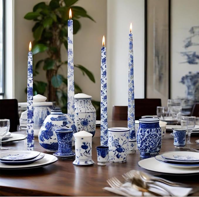 10 inche Floral Candle Sticks Printed Candlestick 4 Pack Blue and White Porcelain Unscented Taper Candle Long Blue Flower Tapered Candles for Home Dinner Wedding Holiday