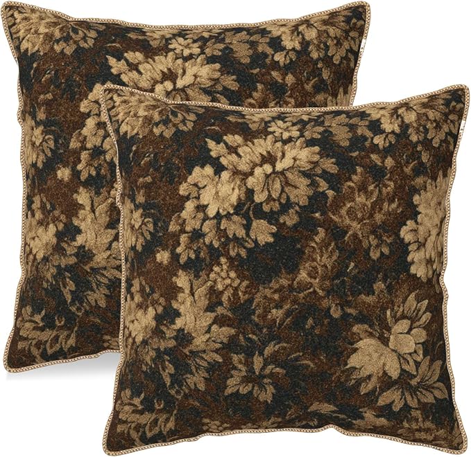 Neutral Flowers Dark Brown Soft Velvet Throw Pillow Covers Set of 2 Boho Vintage Abstract Floral Decorative Pillow Covers 18x18 Inch Retro Bohemian Pillow Case For Sofa Couch Farmhouse Home Decor