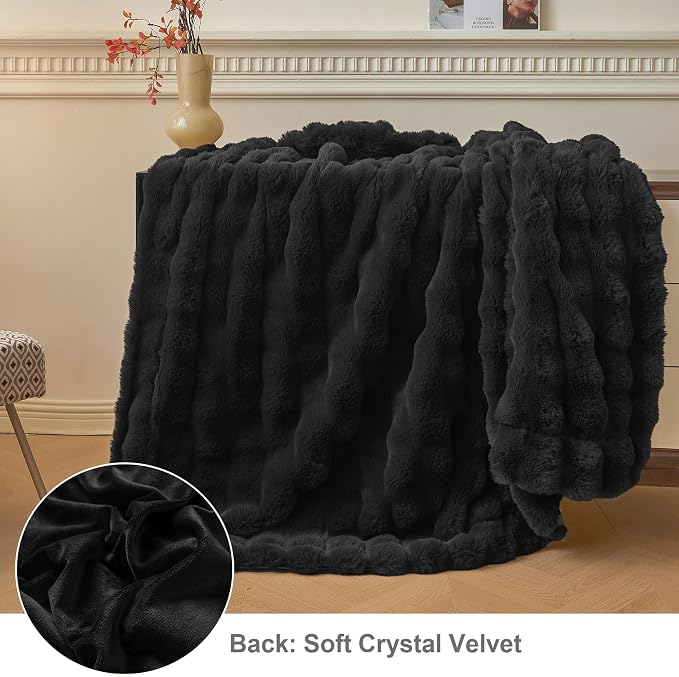 LIFEREVO Luxury Fluffy Faux Rabbit Fur Throw Blanket 50x60, Black | Plush Bubble Blanket for Bedroom Living Room Office, Decorative Soft Furry Lap Throw for Kids Girls Teens Adults, Washable