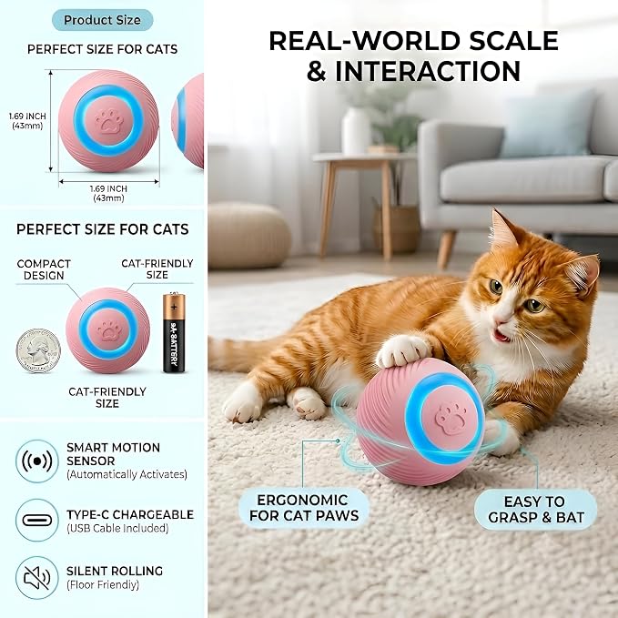 Interactive Cat Toy Ball - Automatic Interactive Cat Toys for Indoor Cats, Rechargeable Cat Enrichment Toys for Small/Medium/Large Cats to Keep Them Busy