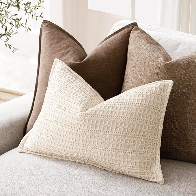 Foindtower Set of 2 Decorative Cotton Waffle Weave Lumbar Throw Pillow Covers Euro Shams Cushion Covers Accent European Pillowcase For Bed Couch Bedroom Living Room Home Decor 12×20 Inch Natural Beige