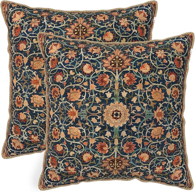 Vintage Floral Soft Velvet Throw Pillow Covers Set of 2 Burnt Orange Navy Flowers Plant Decorative Pillow Covers 18x18 Inch Art Botanical Pillow Case For Sofa Couch Outdoor Farmhouse Home Decor