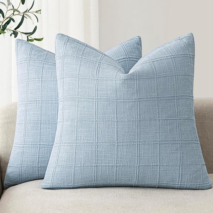 Foindtower Set of 2 Decorative Linen Check Throw Pillow Covers Neutral Farmhouse Vintage Cushion Covers Modern Boho Accent Home Decor for Sofa Chair Couch Bedroom Living Room,22×22 Inch,Sky Blue