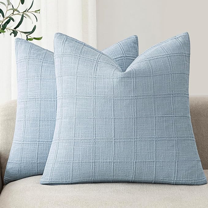 Foindtower Set of 2 Decorative Linen Check Throw Pillow Covers Neutral Farmhouse Vintage Cushion Covers Modern Boho Accent Home Decor for Sofa Chair Couch Bedroom Living Room,18×18 Inch,Sky Blue