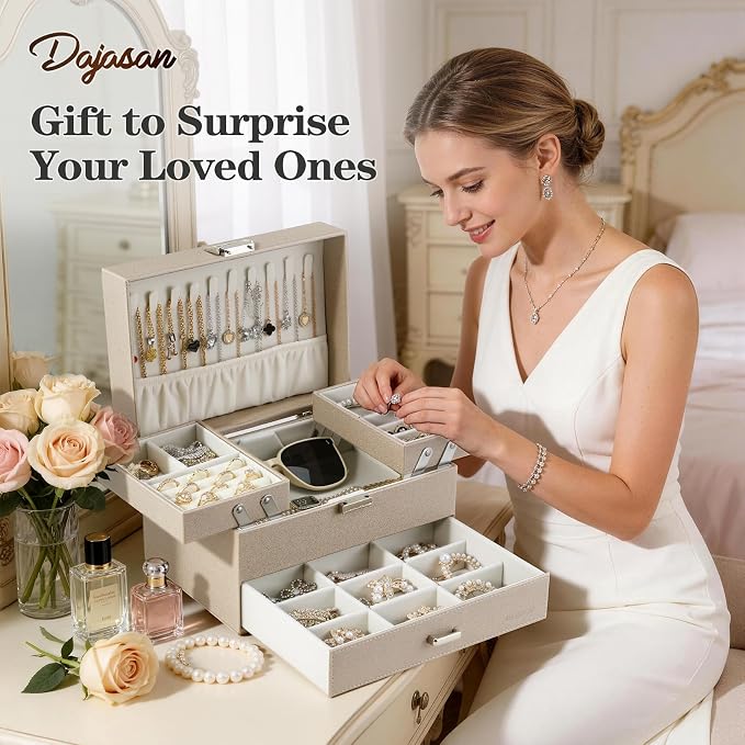 Jewelry Organizer Box, Large Jewelry Boxes for Women Girls, Space-Saving 3 Layers Jewelry Storage Case with Drawer, Movable Metal Stand, Modern, Gift Idea (Champagne)