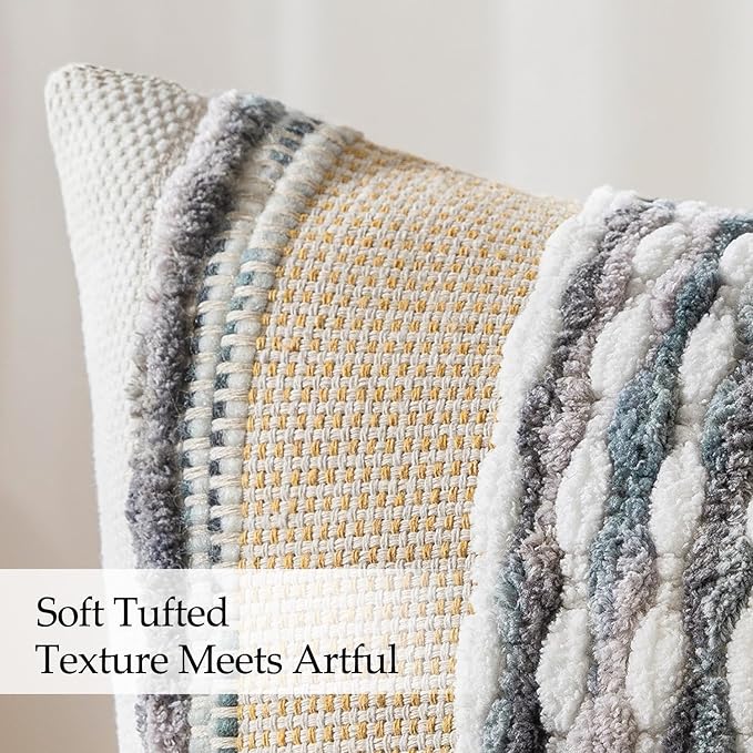 ANRODUO Boho Decorative Pillow Covers Gray Blue Stripe 24x24 Inch Pack of 2 | Euro Throw Pillow Covers, Farmhouse Cushion Case, Chenille Pillow Cases, Pillow Covers, Neutral Pillowcase for Sofa Couch Bed