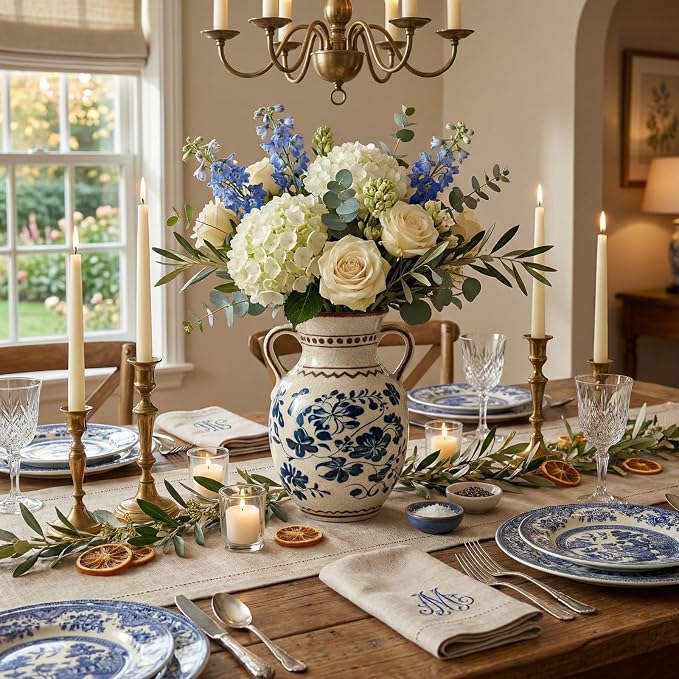 EFISPSS Ceramic Vintage Vase,Spring Decor Unique Chinese Crackle Floral Handle for Dining Room Mantle Living Room,Blue