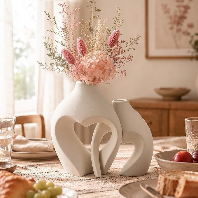 White Ceramic Flower Vase Home Table Decor Heart Shaped Vase Set of 2 | Boho Heart Shaped Minimalist Decorative Vases for coffee Table Centerpiece Wedding Dining Living Room Office House Decoration