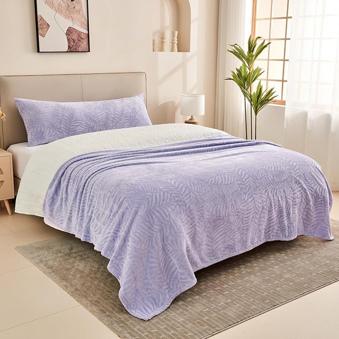 Super Soft Flannel Fleece Throw Blanket, 50 x 60 Inches, Lilac | Lightweight Cozy Warm Leaves Textured Plush Blanket for Bed Couch Sofa