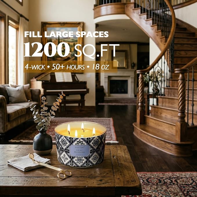 HomeLights 4-Wick Candles for Home Scented - 18oz Soy Wax Blend Candle Long-Lasting Fragrance, Bohemian Natural Textures Home Decor and Housewarming Gifts, Lilac Blossom