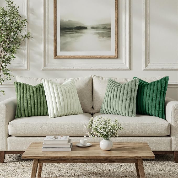 MIULEE Faux Fur Plush Decorative Throw Pillow Covers 20x20, Green | Set of 4, Striped, Soft Modern Cozy Home Decor, Cushion Cases for Sofa Couch Bed Living Room