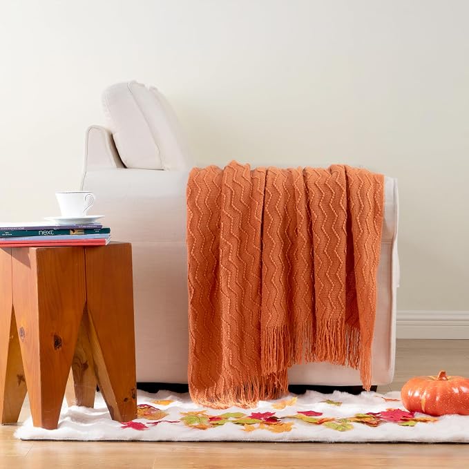 BATTILO HOME Burnt Orange Throw Blanket for Couch, Decorative Fall Throw Blanket with Tassels Halloween Throw Fall Decor, 50"x60"
