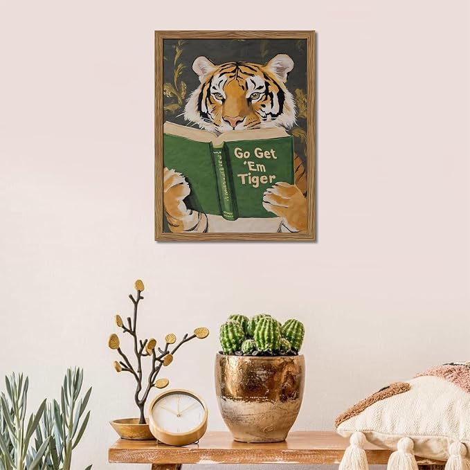 Framed Tiger Canvas Wall Art, Motivational Tigers Reading Poster Print, Humorous Bookworm Pictures Wall Decor, Vintage Go Get Em Tiger Painting for Office Library Bedroom Decor 8x10 inch