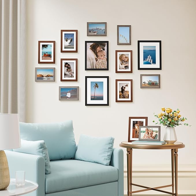 Vittanly 15 Pack Gallery Wall Frame Set, Black, Walnut Brown, Dark Grey | Picture Frames Collage Wall Decor: 3pcs 8x10, 6pcs 5x7, 6pcs 4x6. Picture Frame Set for Wall or Tabletop Display