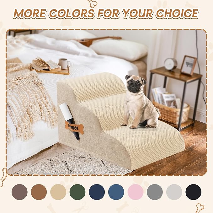 Romrol Dog Stairs Ramp for High Beds Couches, High Density Foam Pet Steps with Durable Non-Slip Waterproof Fabric Cover, Dog Stairs for Small Dogs or Cats or Pets, 3-Step,15 Inch,Beige