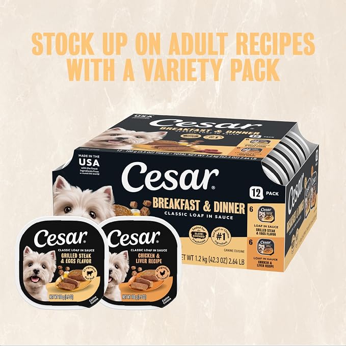 Cesar Classic Loaf Wet Dog Food, Breakfast & Dinner, 3.5 oz, 12 Count | Steak & Eggs & Chicken & Liver flavors, real beef or chicken #1 ingredient, made in the USA, no fillers, easy peel trays