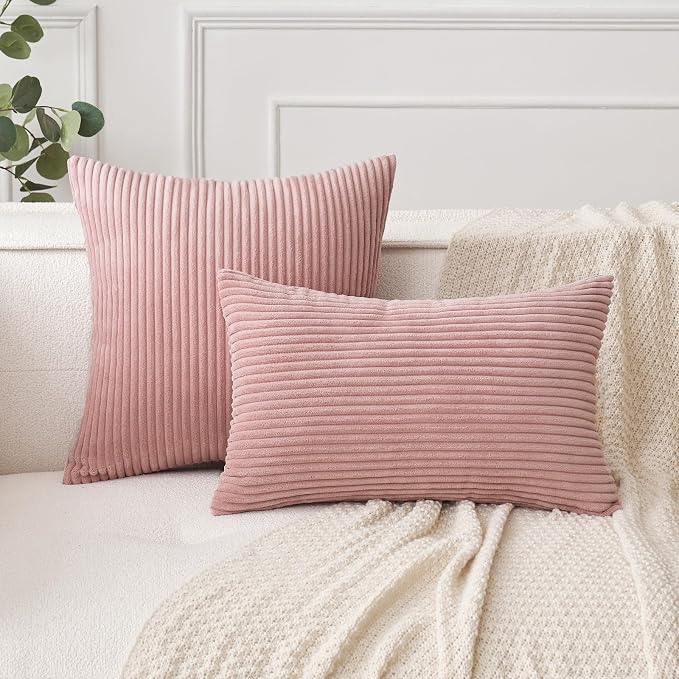 MIULEE Decorative Corduroy Throw Pillow Covers Set of 2 20x20 Blush Pink | Soft Striped Textured Cushion Cases, Boho Square Lovely Cute Pillowcases, Home Decor for Couch Chair Sofa Bed Living Room