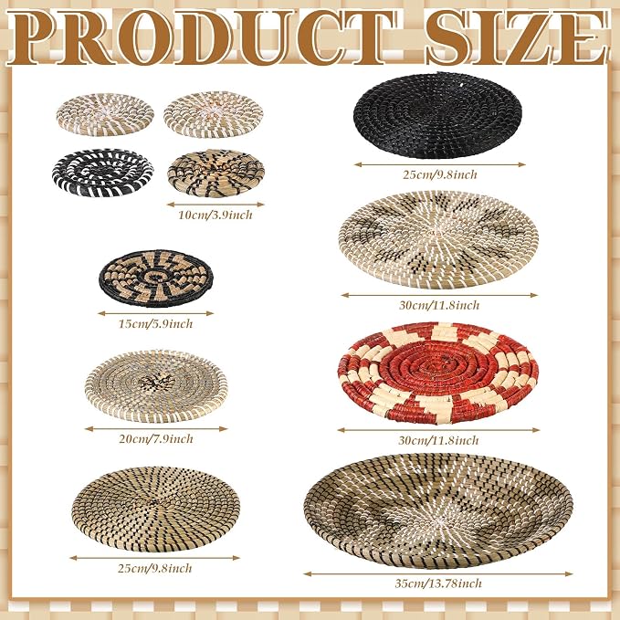 Tatuo 11 Pcs Boho Wall Basket Decor Bulrush Woven Wall Hanging Art Round Farmhouse Rustic Handmade Wicker for Summer Home, Bedroom, Living Room, Kitchen Decorations, Multi Sizes(Dark)
