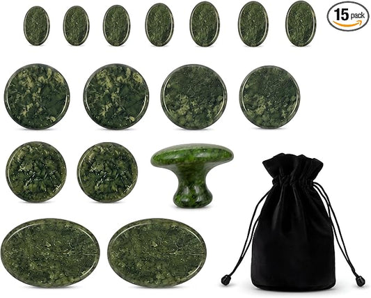 MTLEE 15 Pcs Hot Stones Massage Set Natural Green Jade Heated Warmer Stone, Round, Oval, Mushroom Shaped Hot Rocks, Body Gua Sha Massage Tool with Velvet Bag for Spa Relax, Relieve Tension (Classic)