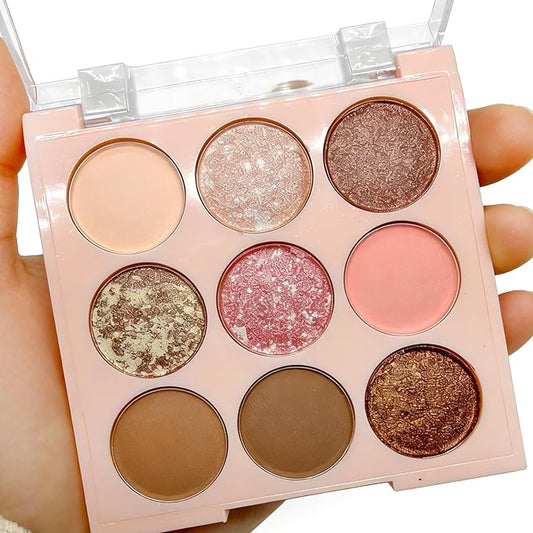 9 Colors Glitter Shimmer Eyeshadow Makeup Palette, Sparkle Neutral Eye Shadow Palettes, Highly Pigmented Long Lasting Waterproof Blendable, sombras para ojos Pink Golden Brown Eye Glitter