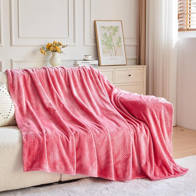 NEWCOSPLAY Fleece Leaves Pattern Queen Blanket, Coral Pink, 90"x90" | Super Soft Throw Blanket, Lightweight Cozy Bed Sofa Blanket, Premium Silky Flannel Fleece, Travel Blanket for All Season Use