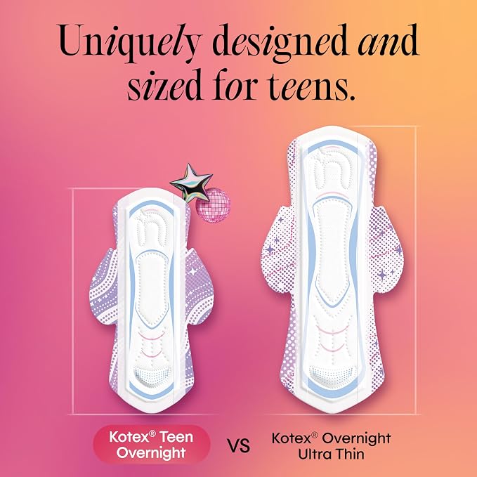 Kotex Ultra Thin Teen Overnight Pads with Wings, Heavy Absorbency, 30 Count (Packaging May Vary)