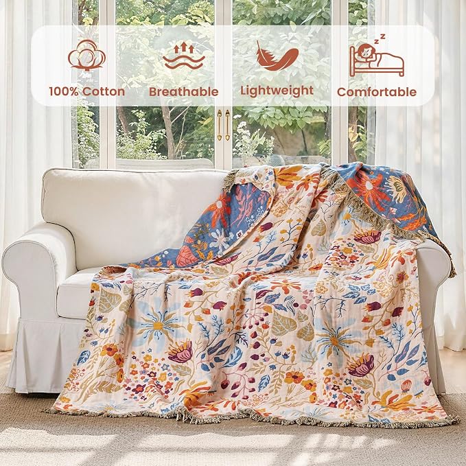 MSGKV Boho Throw Blanket 60"x80" Twin 100% Cotton Floral Blanket for Bed | Twin Size Cotton Throw, Muslin Blanket, Summer Breathable, Farmhouse Decor, Lightweight Comfort, All Season, Machine Washable